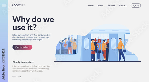 Crowd of commuters traveling by subway train. Metro passengers standing in overcrowding tube carriage. Vector illustration for public transport, commuting, rush hour concept