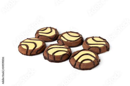 Chocolate cookies with milk filling isolated on white background.