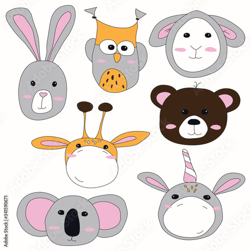 Canvas Print Cute icons set of animals head of rabbit, bear, giraffe, owl, unicorn, sheep and koala