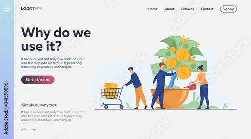 People growing money tree. Investors watering plant with cash, getting revenue. Vector illustration for business, finance, investment, growth, prosperity concept