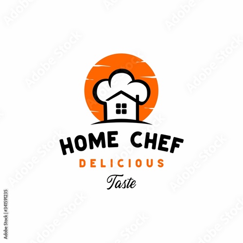 Vintage retro Home Chef logo design vector from creative combination of a house and a chef's hat,  good logo for catering, restaurant, home cooking, home industry etc.