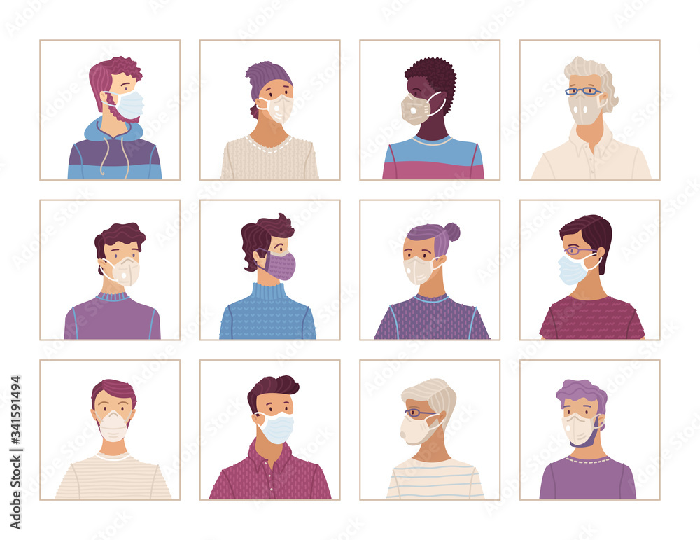 Multicultural group of people in medical masks Multicultural group of people in medical masks