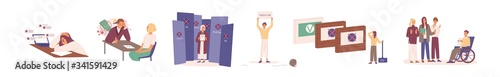 Hard to find a job during crisis. Young, disabled and elderly people have problems in job seeking. Resume is rejected by employer. Unemployed characters set. Vector illustration in flat cartoon style