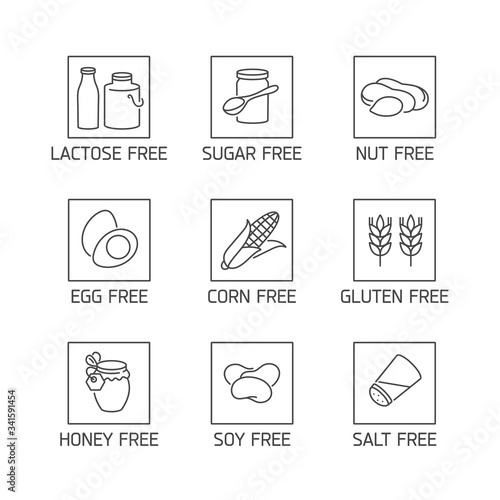 Vector set of logos, badges and icons for natural and organic products. Free from allergic products - gluten, gmo, lactose and egg free, soy, honey.