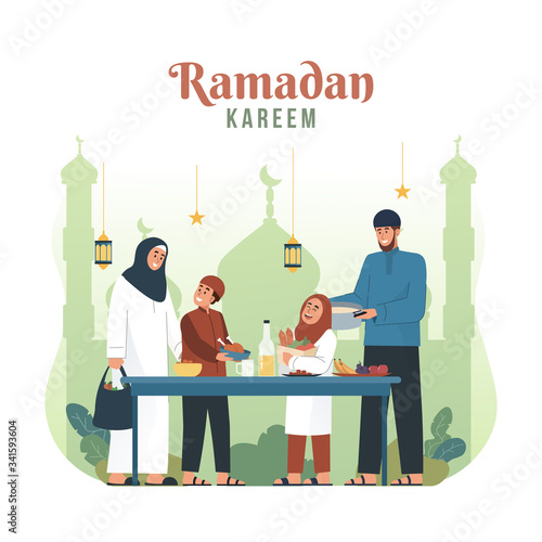 Muslim family preparing iftar meal. Ramadan kareem flat cartoon character illustration photo