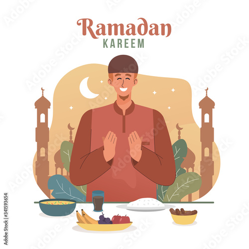 Muslim man praying before having iftar. Ramadan kareem flat cartoon character illustration