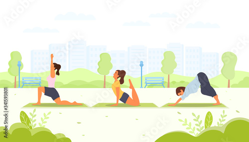 Young women doing yoga exercises outdoors in a health and fitness or healthy lifestyle concept, vector illustration