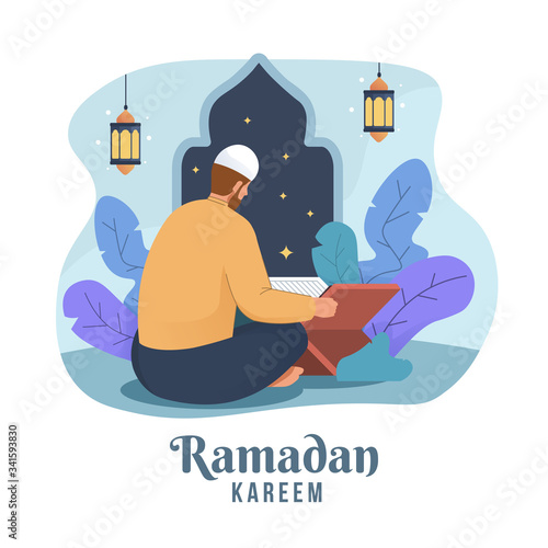 Muslim man reading holy quran. Ramadan kareem flat cartoon illustration