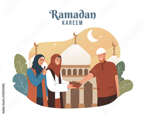 Muslim woman sharing food during iftar. Ramadan kareem flat cartoon character illustration