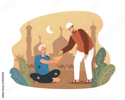 Young muslim man giving money to homeless people
