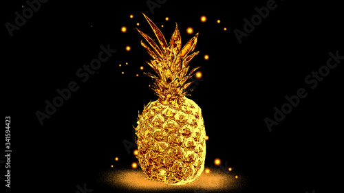Golden magical pineapple with glow isolated on black background. Gold pineapple.