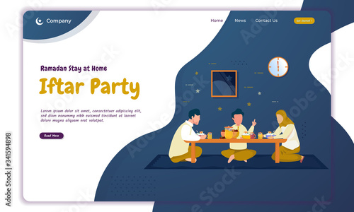 Islamic Ramadan concept with illustration of a family breaking fast party on landing page