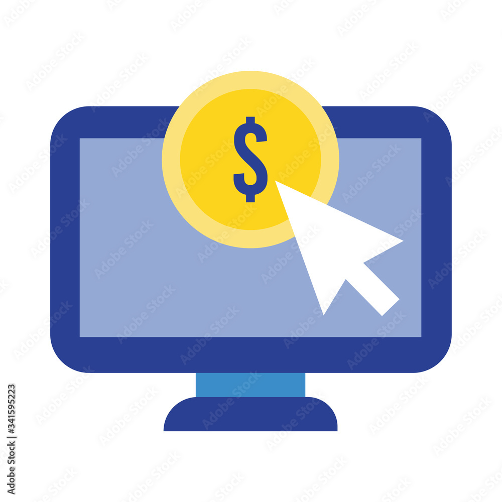 computer desktop with coin and arrow flat style icon computer desktop with coin and arrow flat style icon