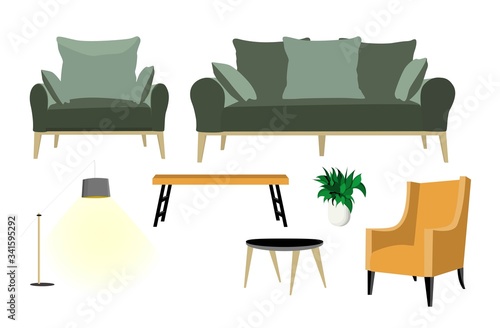 A set of furniture for the guest room: sofa, armchair, coffee table and floor lamp. Interior items. Big set of furniture. Vector illustration isolated on white..