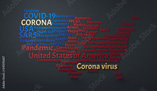 Concept of Corona Virus or COVID-19 related text cloud on the map of The United States of America (USA)