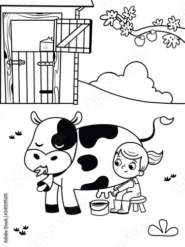 Black and white illustration of a farm girl. Coloring page for kids.