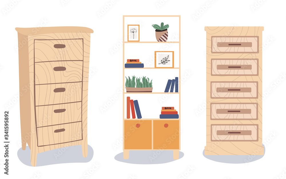set of modern furniture. Fashionable bookcase, chest of drawers in scandinavian style concept. flat vector illustration. separate objects isolated on white background set of modern furniture. Fashionable bookcase, chest of drawers in scandinavian style concept. flat vector illustration. separate objects isolated on white background