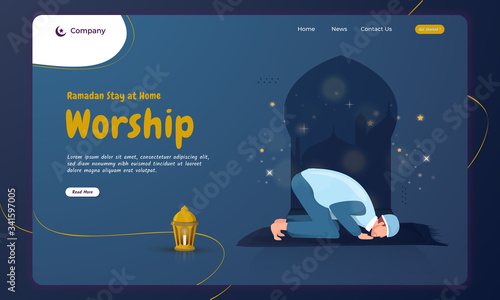 Ramadan stay at home concept with Islamic prayer worship on landing page
