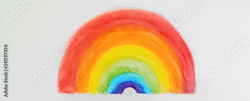 Obraz na plátně Rainbow painting kids drawing in gouache colorful aquarelle for positivity during COVID-19 pandemic