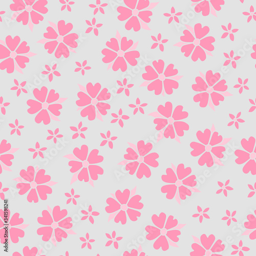 Seamless pattern with heart-shaped soft pink flowers on a grey background