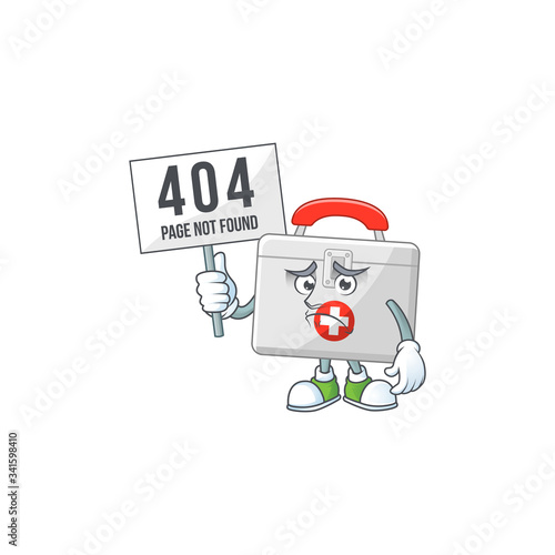 Sad face of first aid kit cartoon character raised up 404 boards