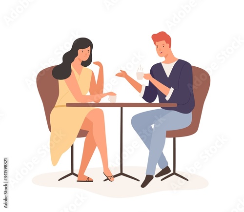 Cartoon couple enjoy romantic date drink coffee together vector flat illustration