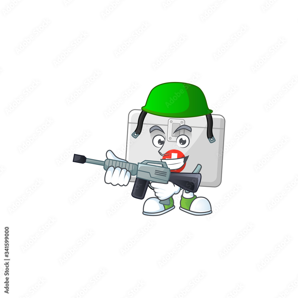 An elegant first aid kit Army mascot design style using automatic gun