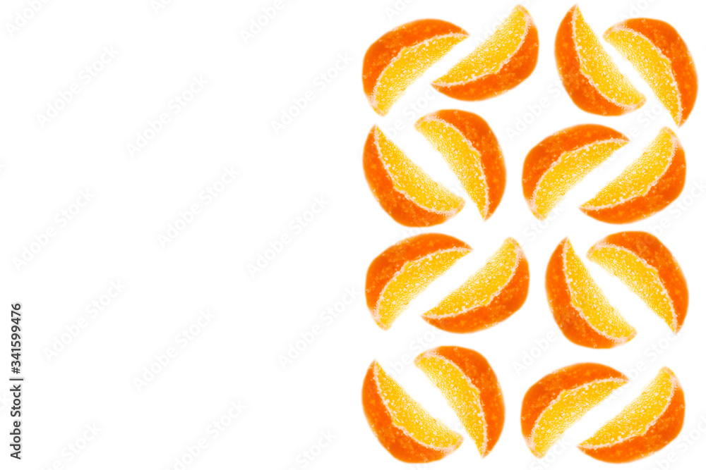 Marmalade orange slices on a white background. Free place. Marmalade orange slices on a white background. Free place.
