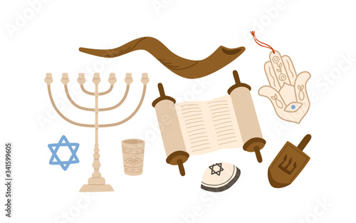 Cartoon colorful Judaism symbols set vector flat illustration