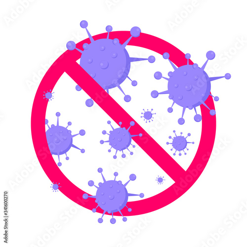 Stop viruses and bad bacterias or germs prohobition sign. Big viruses or gems in the red stop defence circle flat style design vector illustration isolated on white background.