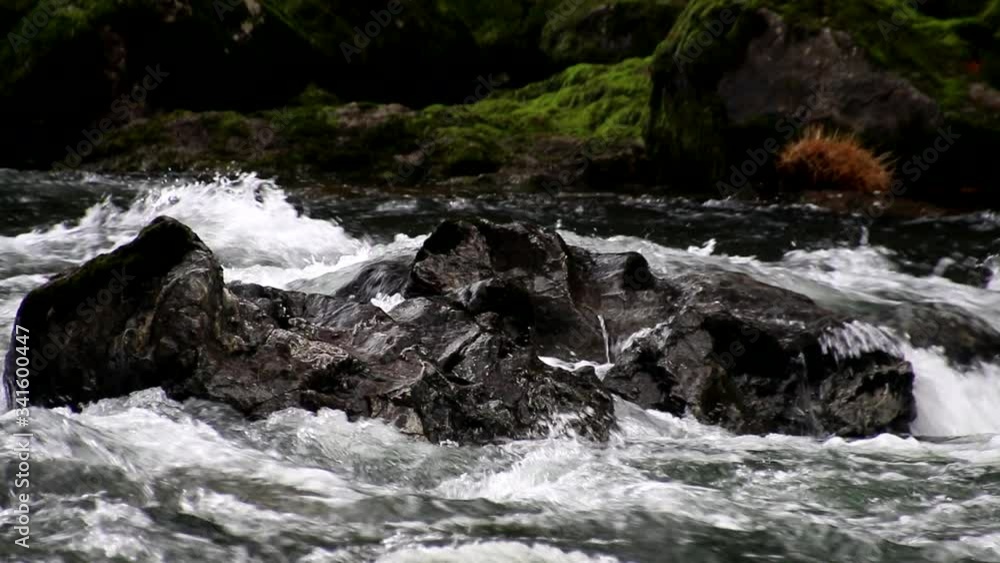 A craggy granite outcropping centers a view of a fast moving wild and scenic river flowing over and around it with a mossy river bank in the background. A craggy granite outcropping centers a view of a fast moving wild and scenic river flowing over and around it with a mossy river bank in the background.