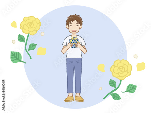 プレゼントを持つTシャツ男性　フレーム付き