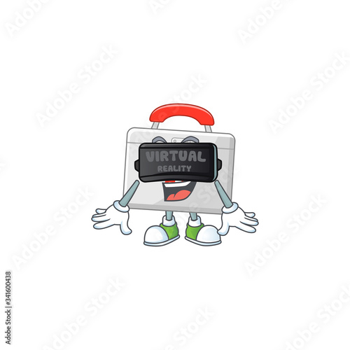 A cartoon mascot of first aid kit enjoying game with Virtual reality headset