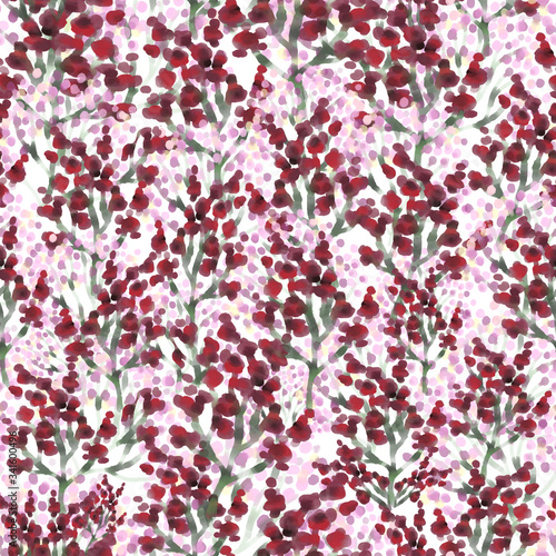 Seamless floral pattern. Small wildflowers, red and pink. Colored watercolor bushes. Design for textiles, fabrics, wallpapers, home decoration, packaging, floristry, paper.