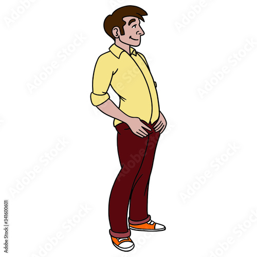 man with a yellow shirt, puts his hands in his pockets and leans back, smiling. full body, cartoon, page, vector.