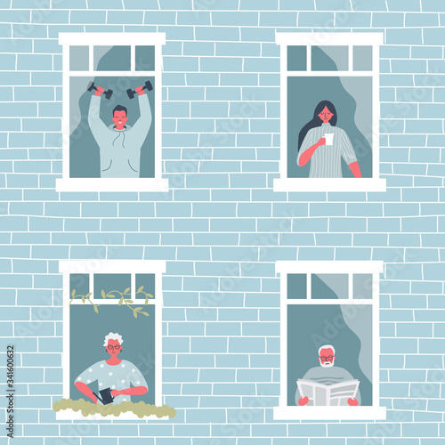 People at the window. Young woman is drinking coffee, elderly woman is watering flowers, old man is reading newspaper, guy is training with dumbbells. People during the coronavirus epidemic. Stay home