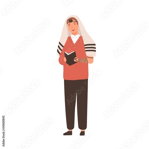 Cartoon religion jewish guy praying vector flat illustration