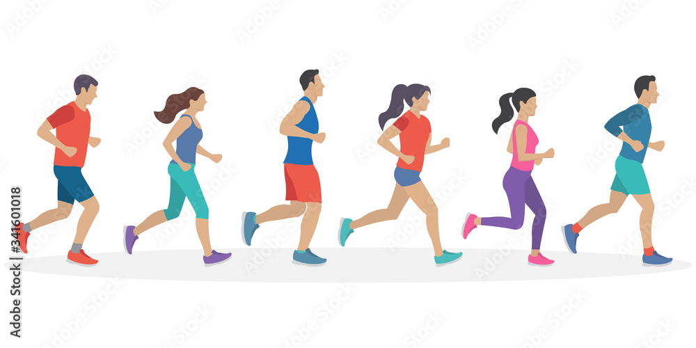 People running. Men and Women jogging. Marathon race concept. Sport and fitness design template with runners and athletes in flat style. Vector illustration.