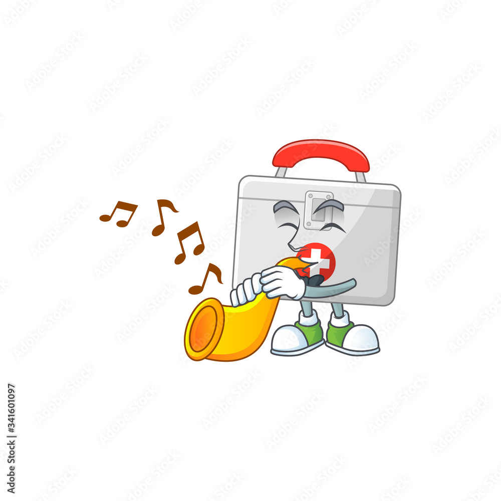 A brilliant musician of first aid kit cartoon character playing a trumpet A brilliant musician of first aid kit cartoon character playing a trumpet