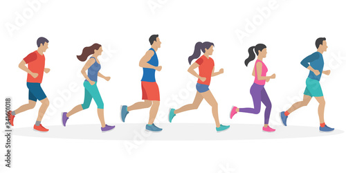 People running. Men and Women jogging. Marathon race concept. Sport and fitness design template with runners and athletes in flat style. Vector illustration.