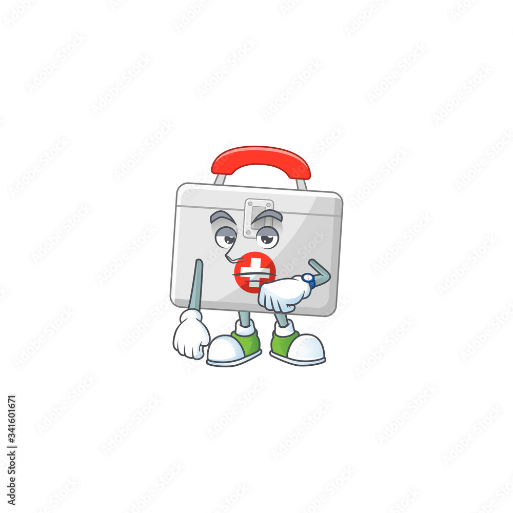 First aid kit with waiting gesture cartoon mascot design concept First aid kit with waiting gesture cartoon mascot design concept