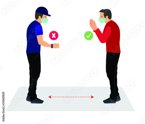 handshake vs namaste theme for awareness of covid 19 virus. 1 meter distance should be maintain from coughing and sneezing person to protect from corona virus. Vector illustration of keep distance.