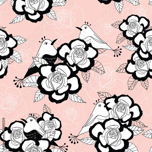 Vintage seamless pattern with black and white roses and birds on pastel pink background