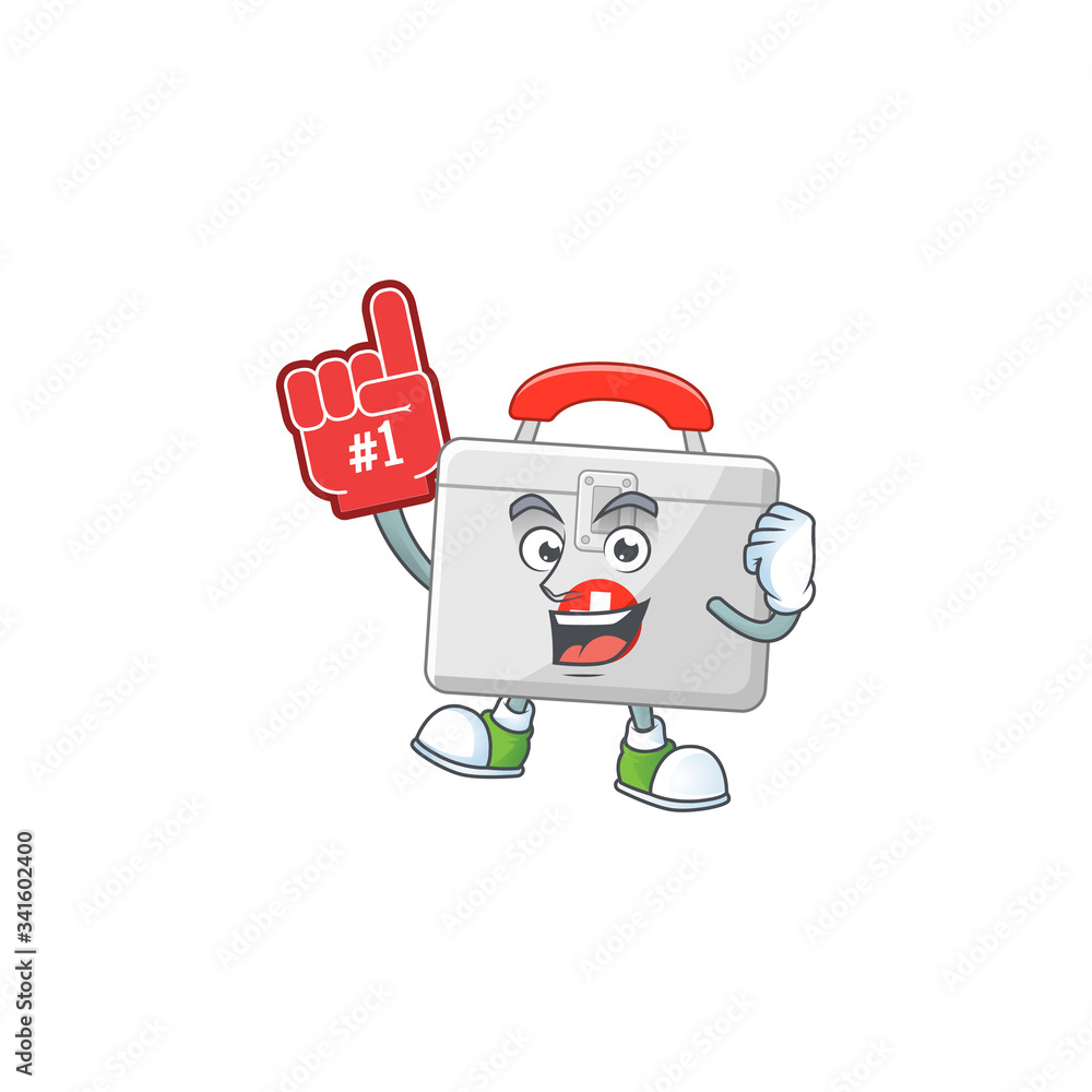 Cartoon character concept of first aid kit holding red foam finger Cartoon character concept of first aid kit holding red foam finger