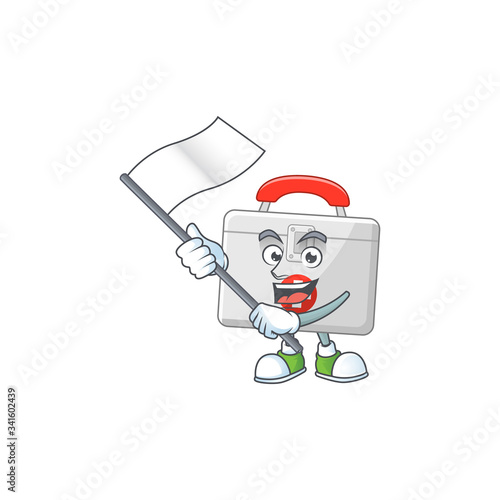 Cute cartoon character of first aid kit holding white flag