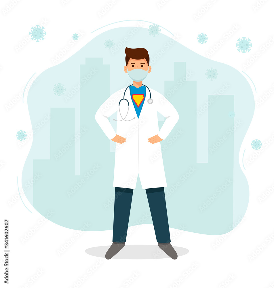 Vector illustration. Doctor like super hero protects the city from the virus. Vector illustration. Doctor like super hero protects the city from the virus.