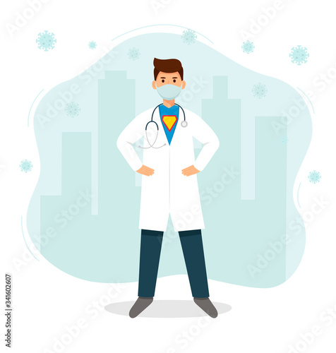 Vector illustration. Doctor like super hero protects the city from the virus.