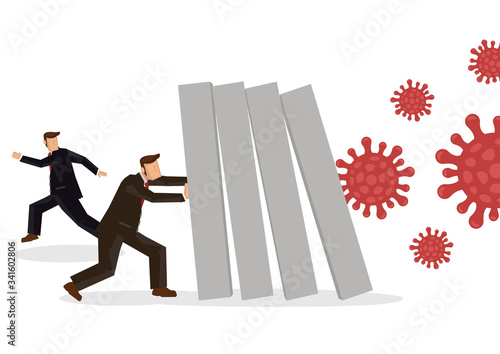 Coronavirus outbreak cause a domino effect on financial crisis. Company business economic collapse concept.