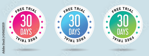 30 Free Trial stamp vector illustration.  Free trial badges. Vector certificate icon. Vector combination for certificate in flat style. Set of 3 beautiful color gradients.