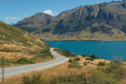 View of Lake Hawea from Lake Hawea Lookout in Otago on South Island of New Zealand 